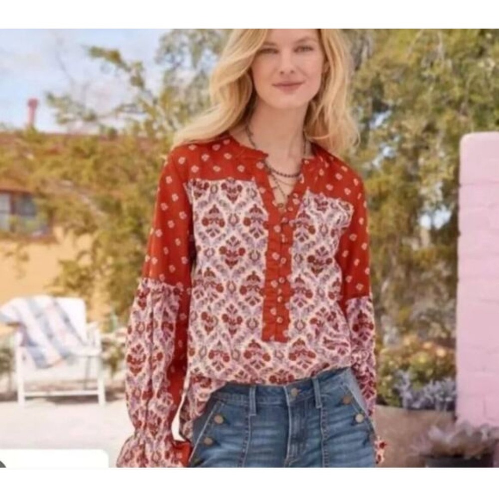Sundance Red Floral‎ Mixed Print Cotton Boho Blouse Ruffle Cuff Small